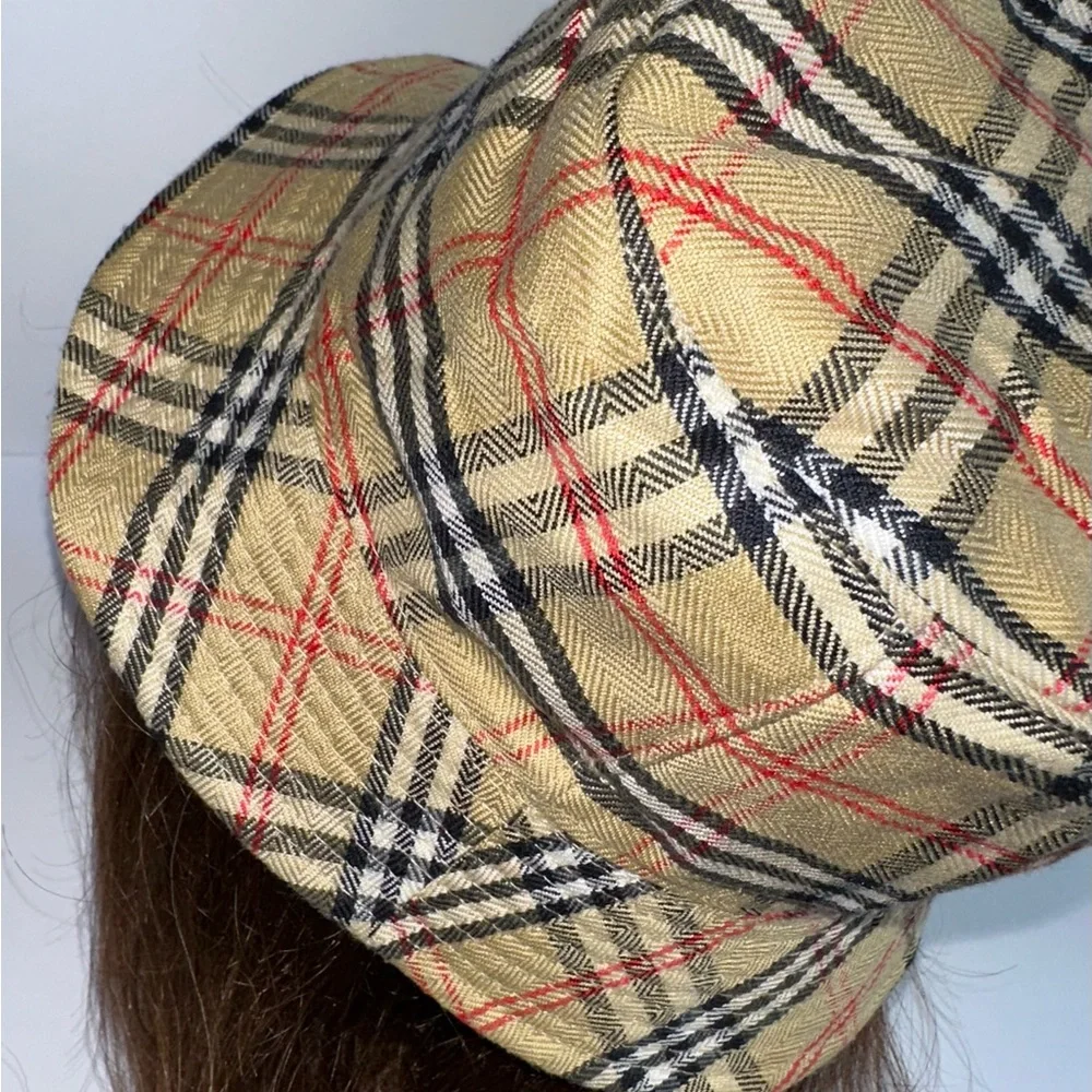 Burberry Beige Plaid Bucket Hat with Black & Red Accents